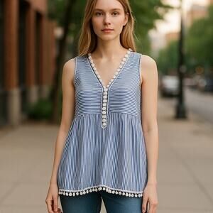 NEWBURY KUSTOM Blue & White Stripe Pom Pom Trim Boho Blouse ~ Women's MEDIUM